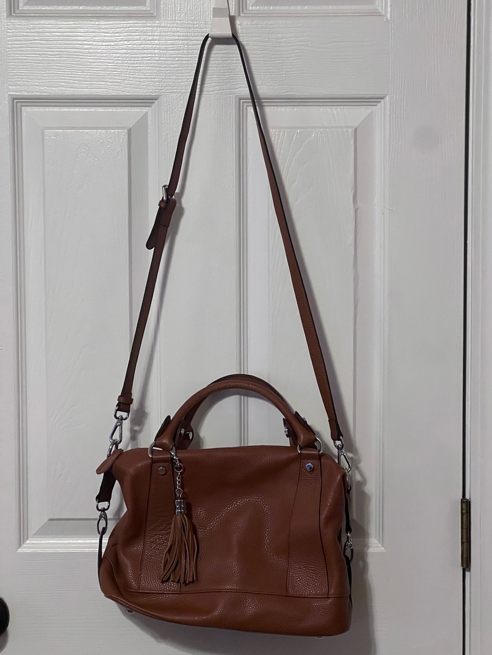 HESHE Cognac Brown Pebbled Satchel Crossbody Bag Tassel Handbag